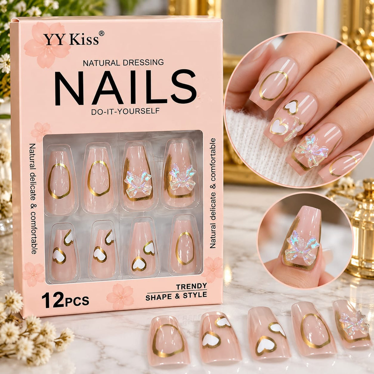 YY Kiss Luxury Press-On Nails – Elegant & Stylish Nail Art 💅 Give your hands a beautiful, salon-inspired look with the YY Kiss 12 PCS Press-On Nail Set