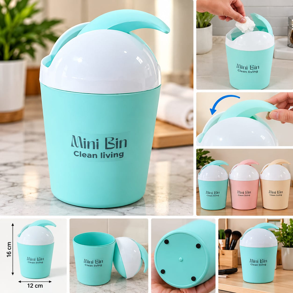 Mini Bin – Compact Desktop & Tabletop Dustbin Keep your surroundings neat, clean, and organized with this stylish Mini Bin. Designed with a beautiful mint green body