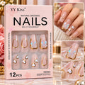Kiss Luxury Press-On Nails – Elegant Pink & Gold Nail Art Enhance your beauty with YY Kiss stylish press-on nails, featuring a soft nude-pink base, elegant golden outlines, beautiful heart designs, and sparkling 3D iridescent butterfly bows.