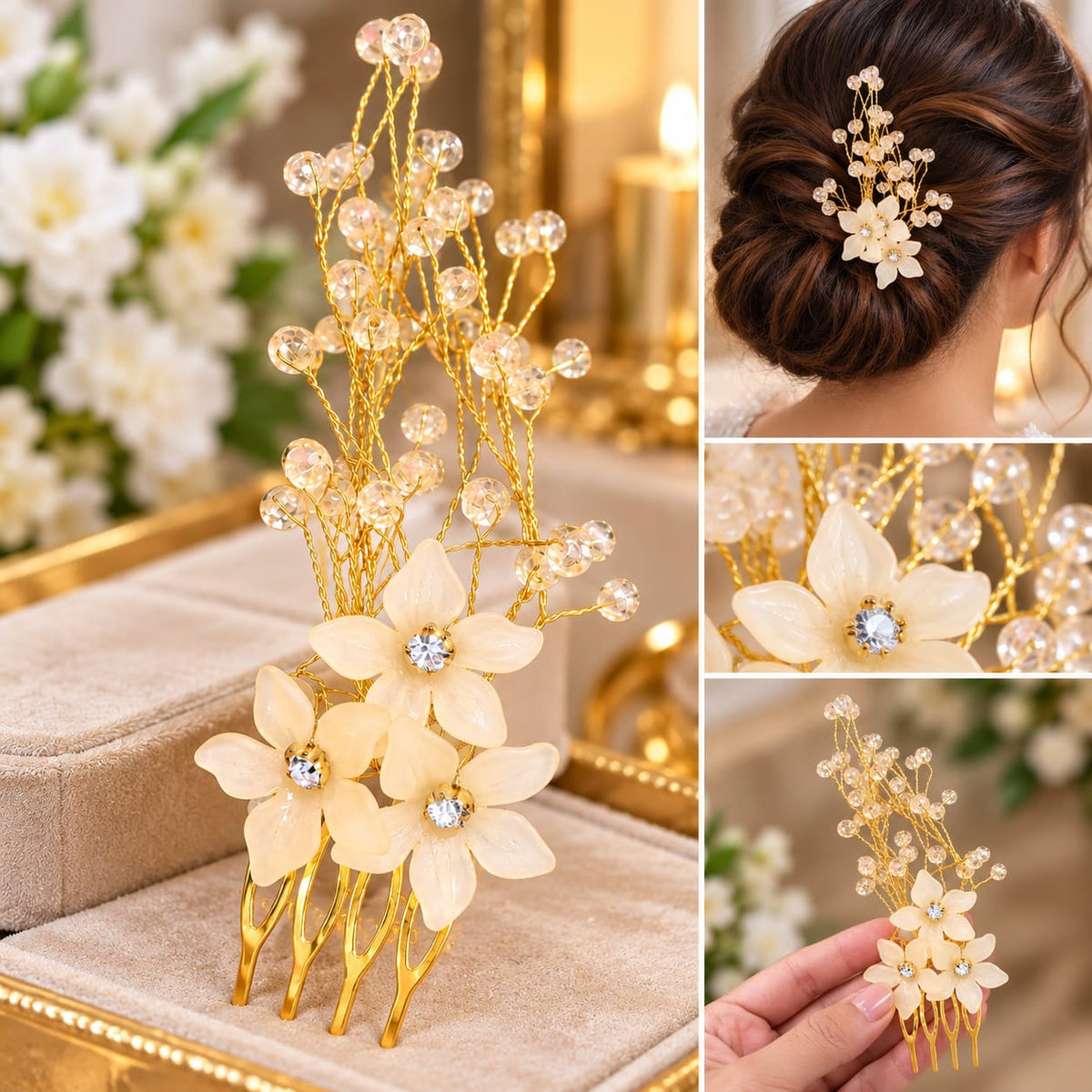 Elegant Golden Floral Hair Comb – Pearl Flower Bridal Hair Accessory