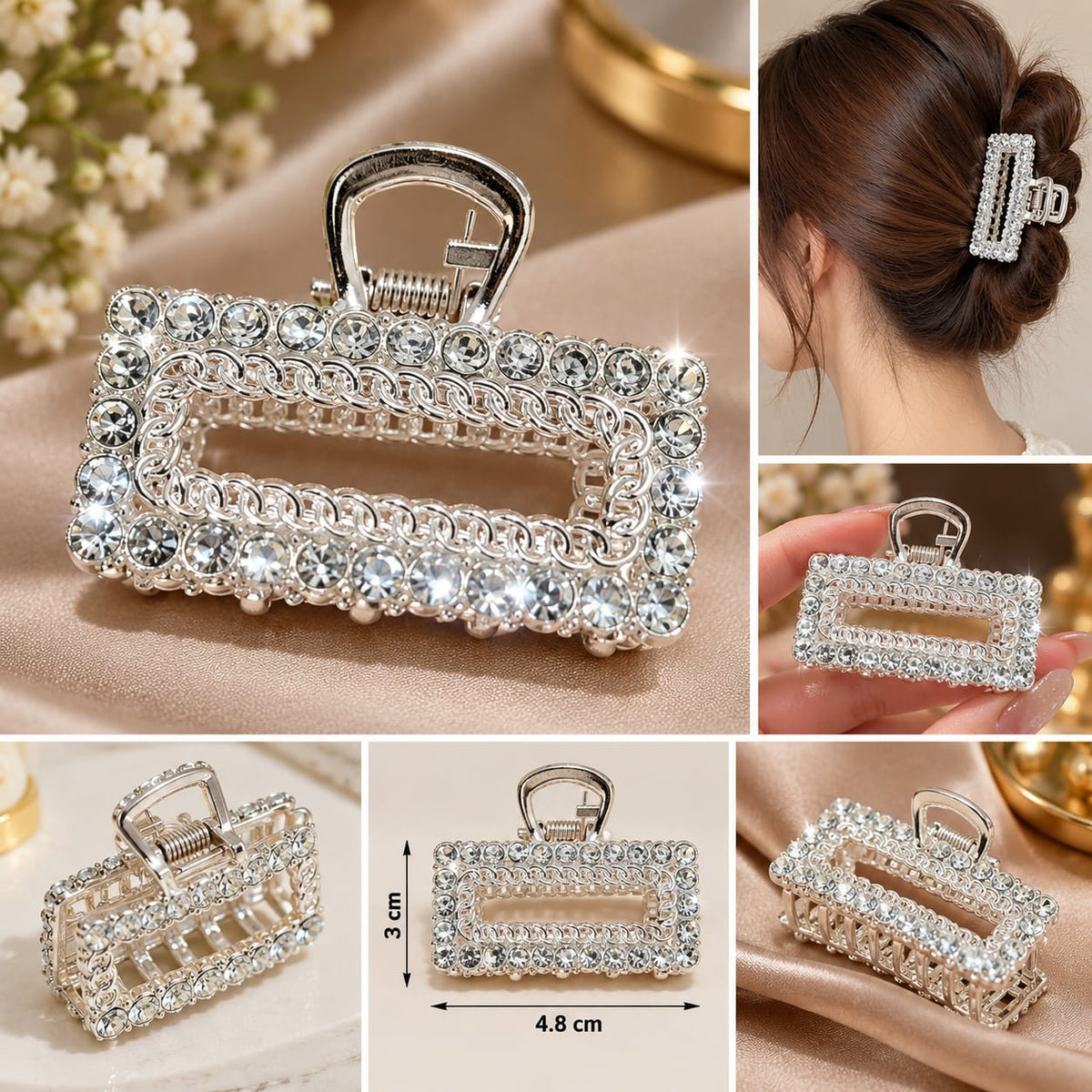 Elegant Silver Rhinestone Hair Claw Clip – Sparkling Rectangular Hair Clasp for Women