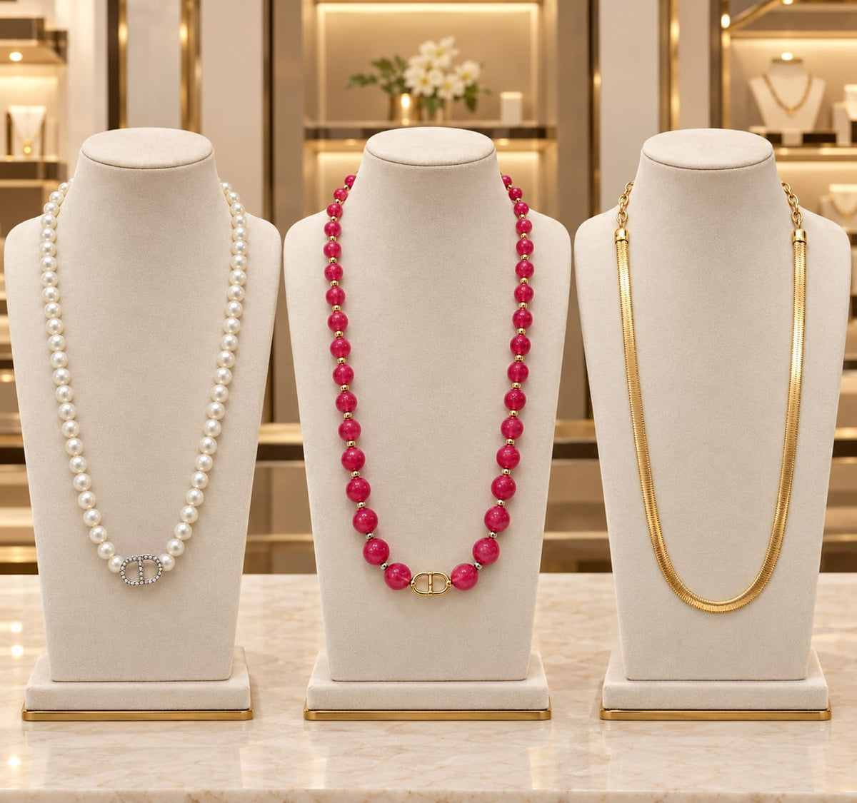 Description: Three elegant necklaces displayed separately on premium cream velvet stands in a luxurious jewelry showroom. Featuring a pearl necklace, a beautiful pink bead necklace, and a golden chain. High-definition quality,