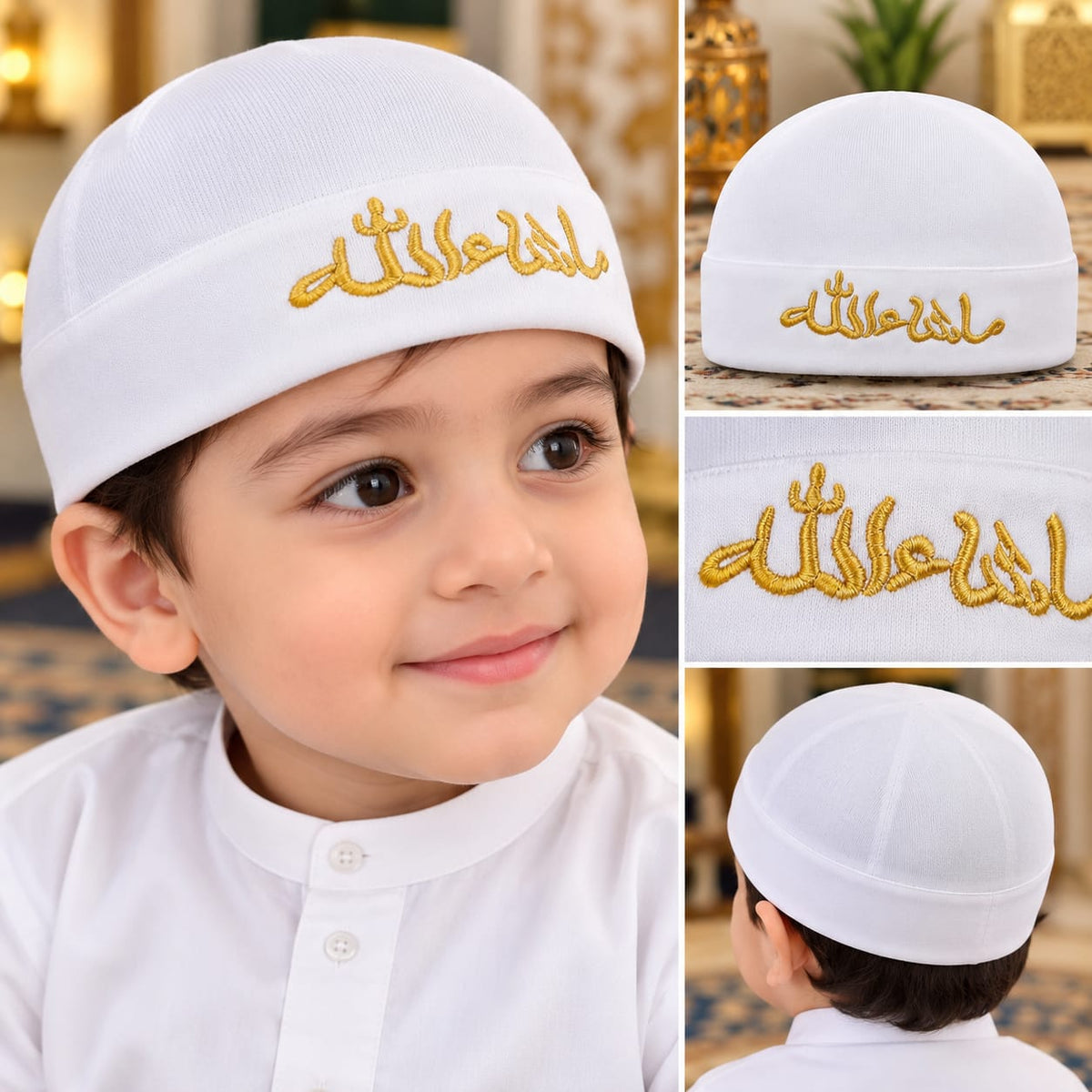 White Islamic Prayer Cap for Kids – Golden Embroidered Mashallah Topi