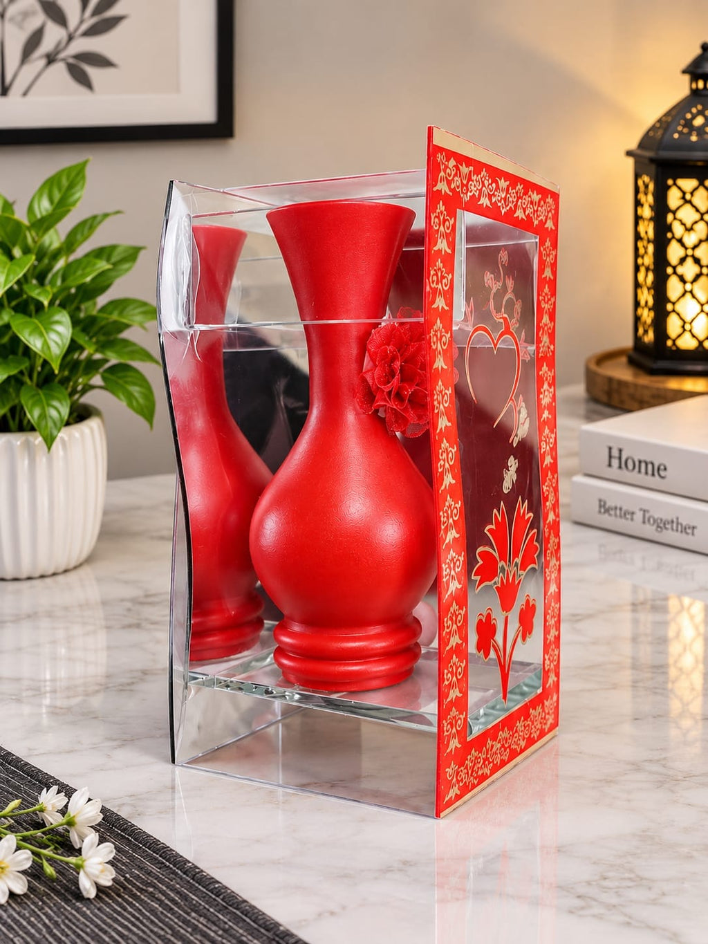 Product Title: Red Decorative Flower Vase Gift Box – Elegant Romantic Gift Product Description: Make every special moment memorable with this beautiful Red Decorative Flower Vase Gift Box. ❤️
