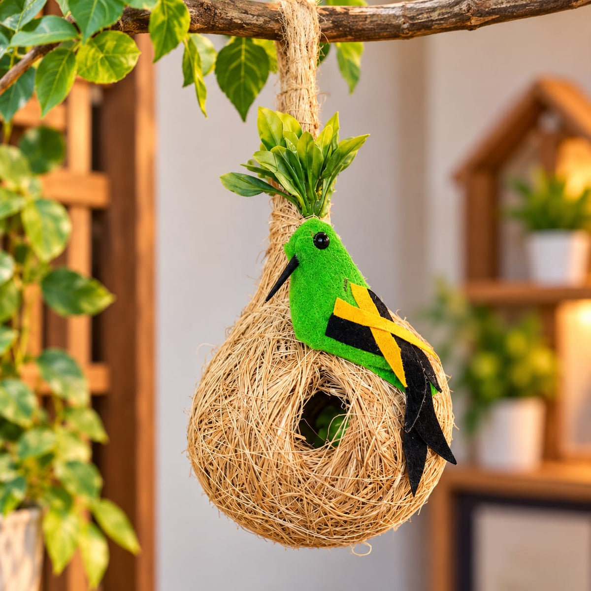 Handmade Hanging Bird Nest with Decorative Green Bird – Natural Garden & Home Decoration