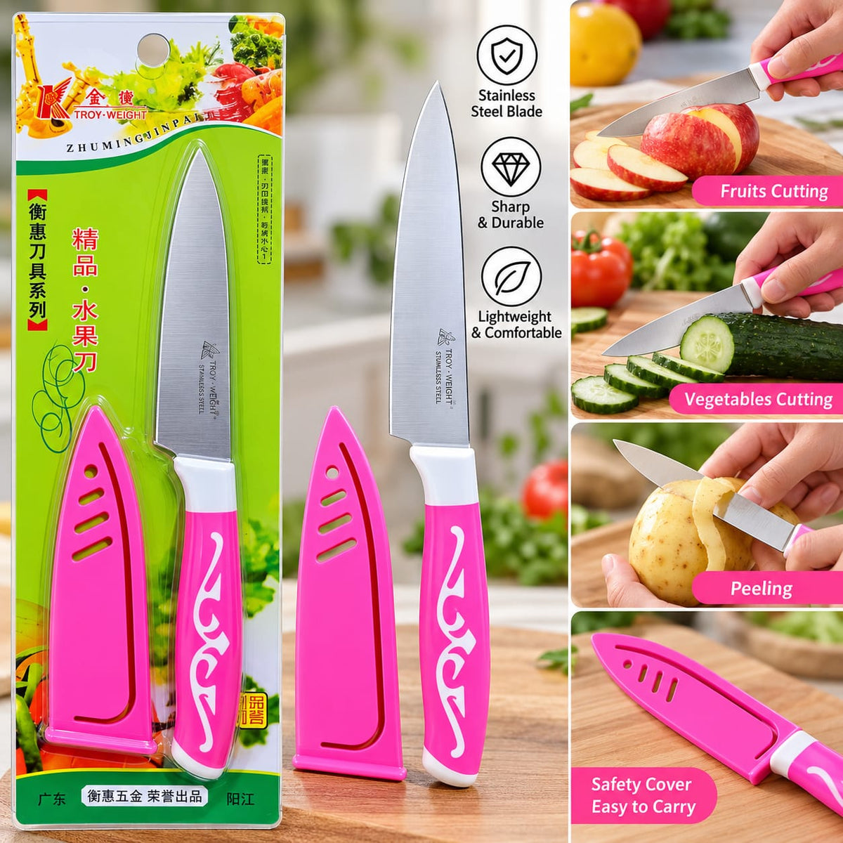 Premium Stainless Steel Kitchen Knife with Safety Cover – Pink Apni kitchen ke kaam ko banayein asaan aur comfortable is stylish Pink Stainless