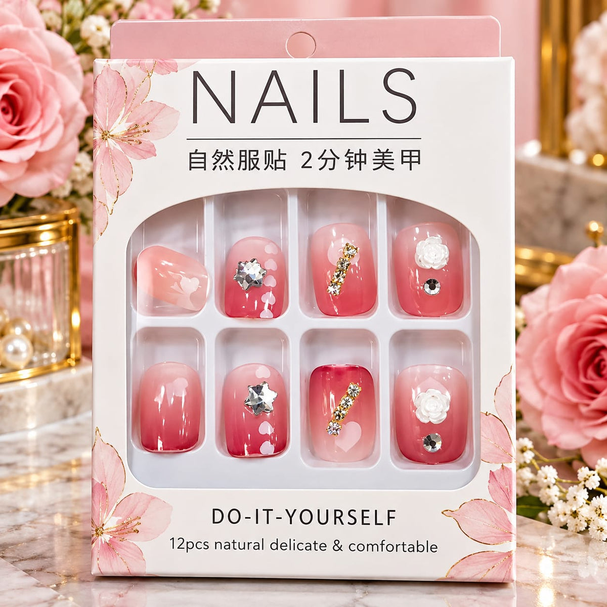 Elegant Pink Press-On Nails – Luxury Floral Nail Art Set Add a touch of elegance and beauty to your fingertips with this stunning Pink Press-On Nail Set