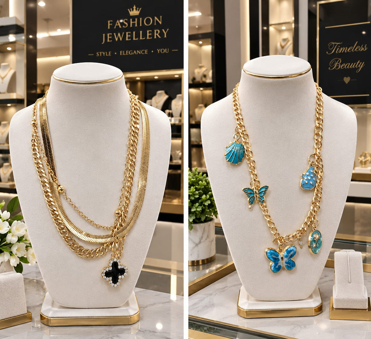 Elegant Pearl & Golden Charm Necklace ✨ Enhance your style with this beautiful pearl necklace featuring lustrous white pearls and elegant golden charms