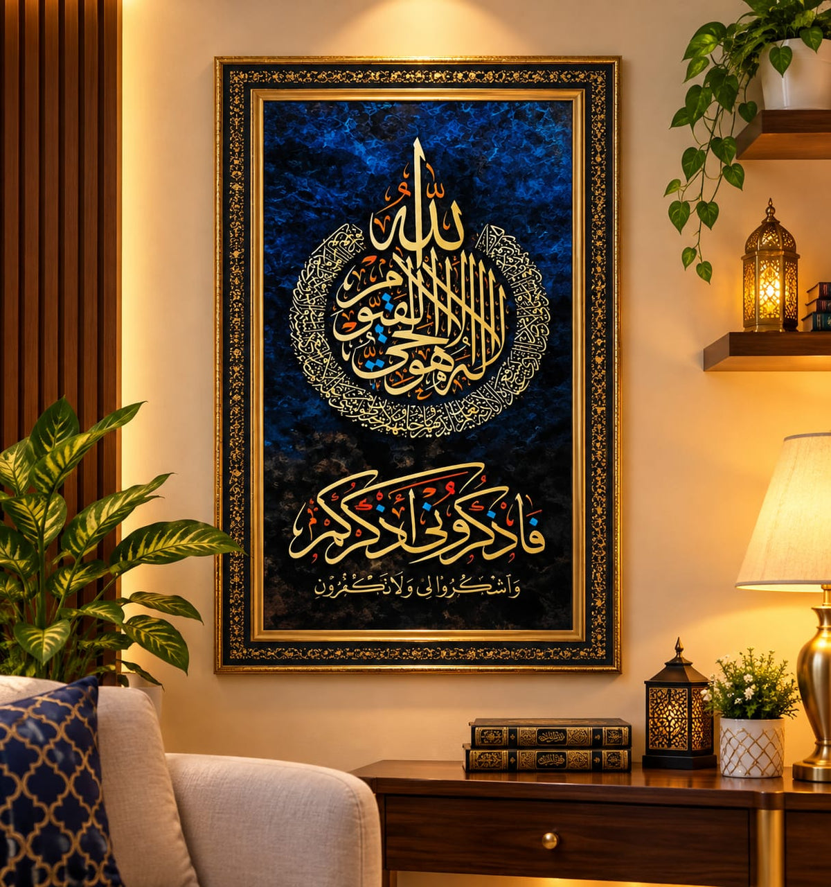 Beautiful Islamic calligraphy wall art displayed in a luxurious, warmly lit living room. ✨ The elegant golden frame, deep blue and black background