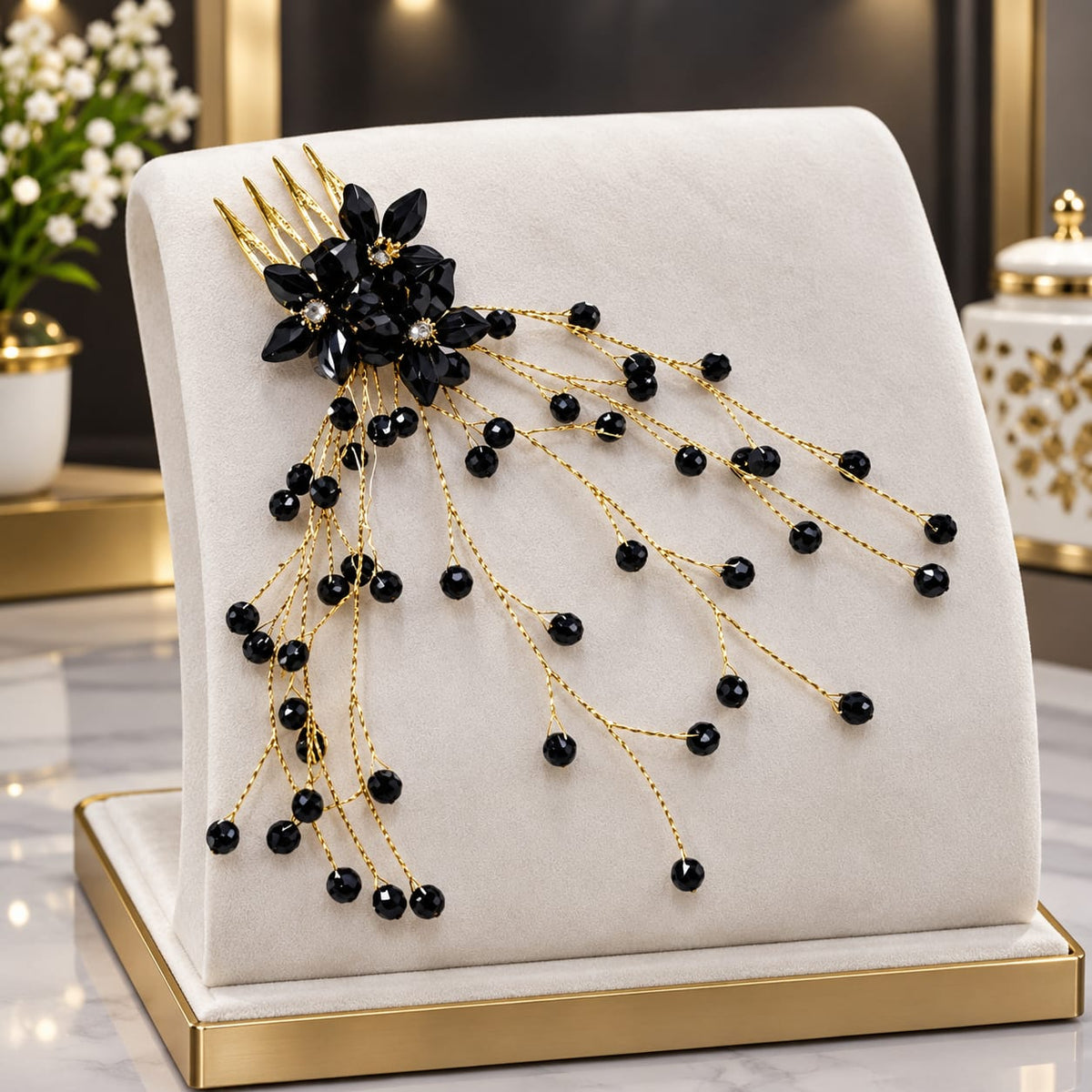 Elegant Black & Golden Hair Accessory ✨ Add a touch of elegance to your look with this beautiful black floral hair accessory, featuring sparkling black beads