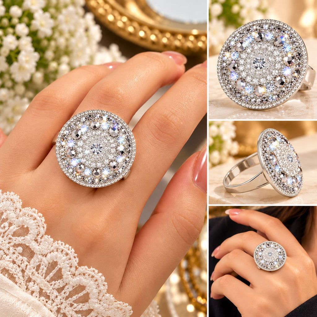 Elegant Crystal Statement Ring – Silver & Golden Add a touch of glamour and sparkle to your jewelry collection with this beautiful Round Crystal Statement Ring. Featuring a stunning circular design decorated with shimmering crystals,