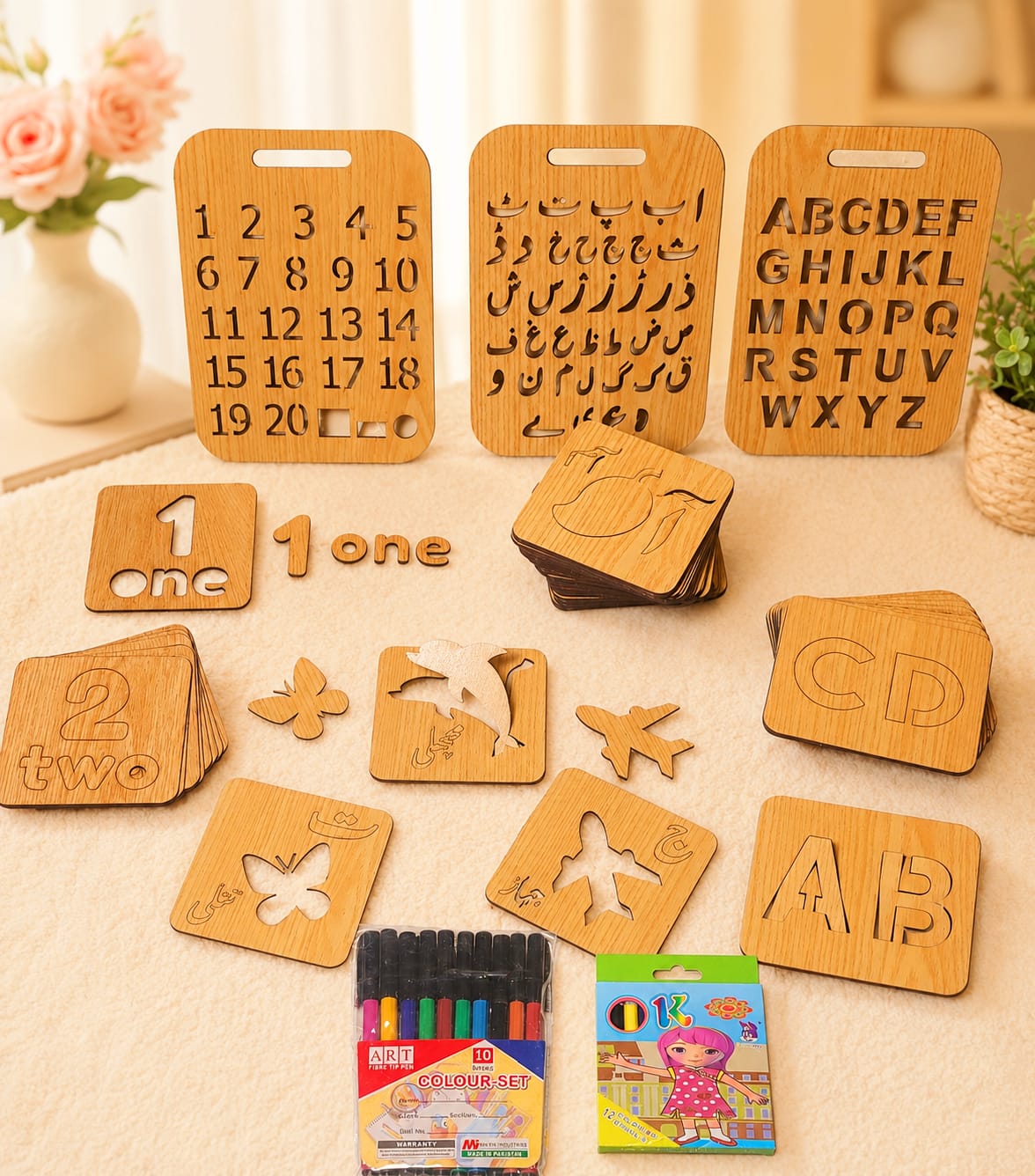 6IN1 – TOP BEST WOODEN STANCILS LEARNING TOYS BOX (URDU WITH SHAPES