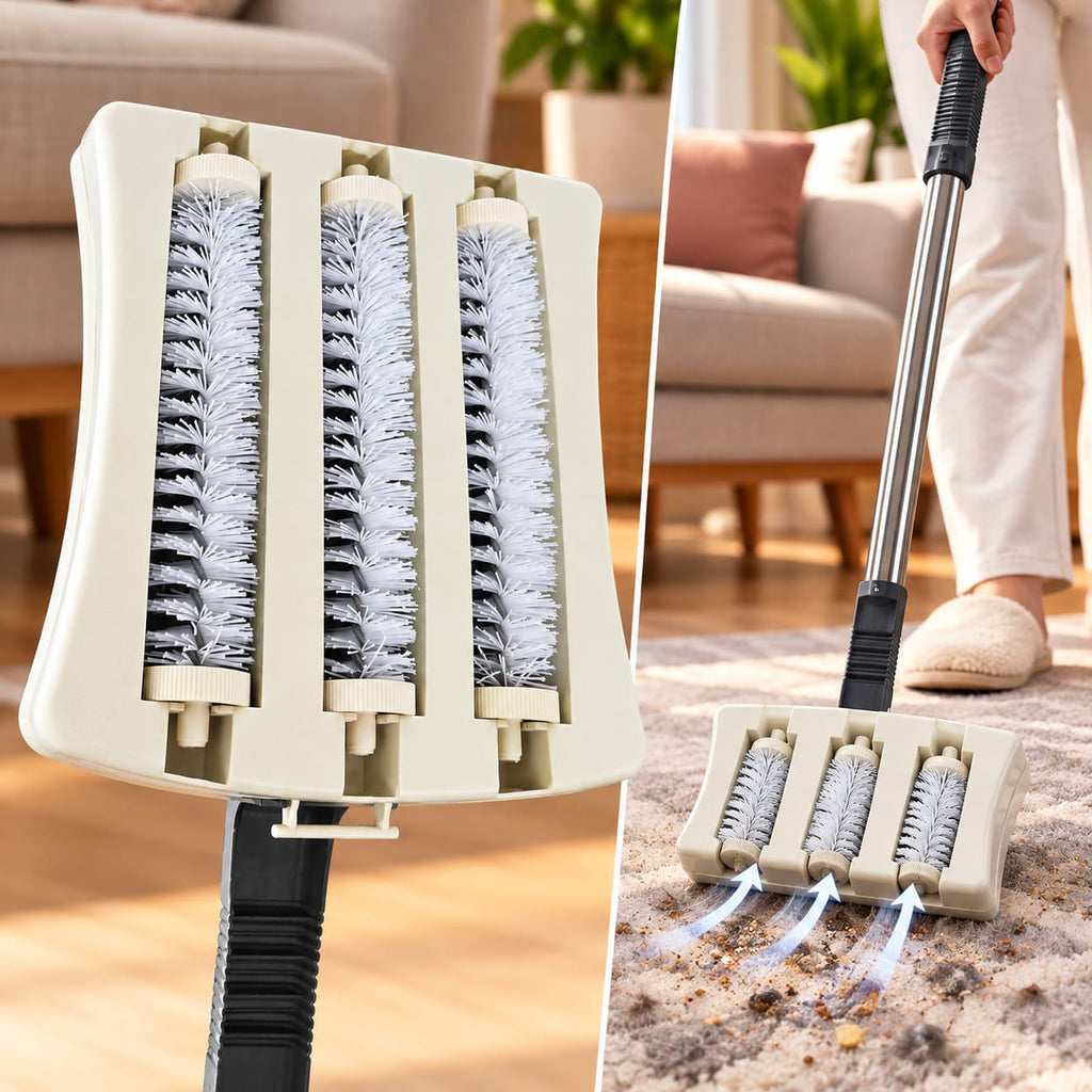 Roller Carpet Cleaning Brush – Manual Lint & Hair Remover Keep your home neat and tidy with this practical 3 Roller Carpet Cleaning Brush. Designed with three bristle rollers and a