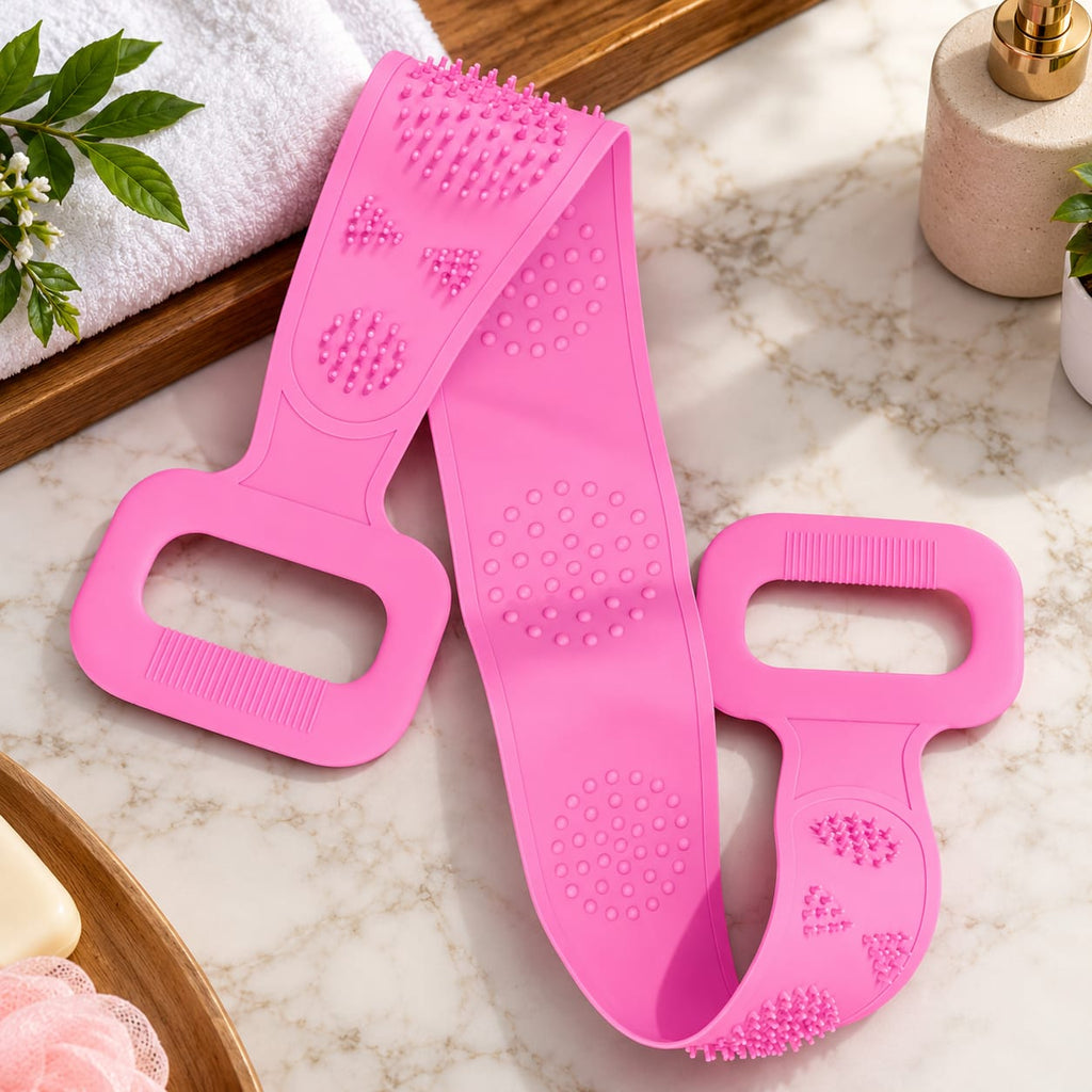 Pink Silicone Back Scrubber – Body Cleaning & Massage Belt Apni daily bathing routine ko banayein aur bhi aasan aur comfortable is Silicone Back Scrubber ke sath!