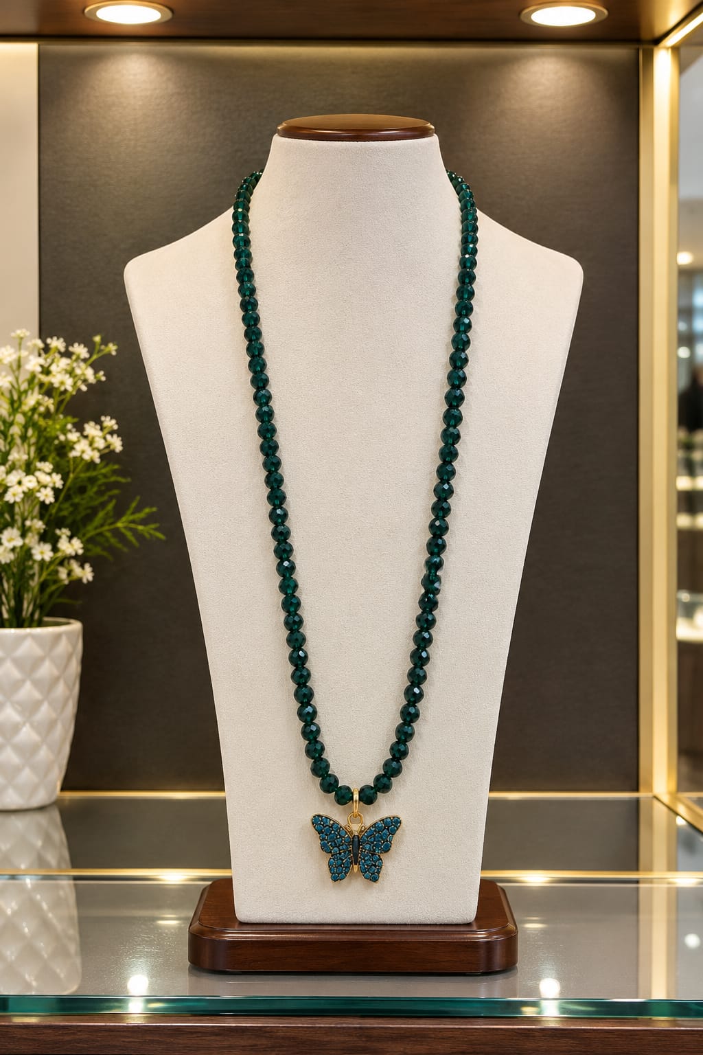 Elegant Butterfly Beaded Necklace ✨ Beautiful dark green beaded necklace with a stunning blue butterfly pendant and elegant golden detailing.