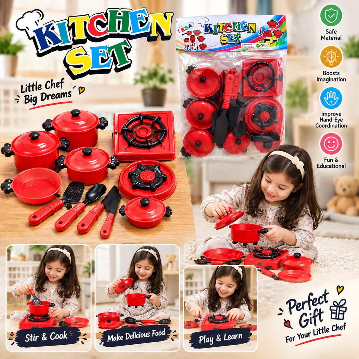 Kids Kitchen Set – Little Chef Pretend Play Toy Let your little one explore the fun of cooking with this adorable Kids Kitchen Set! 🍳❤️