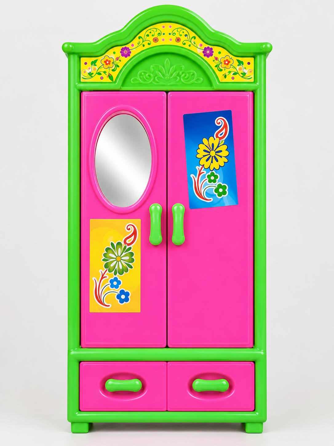 Beautiful pink and green kids' toy wardrobe with an attractive floral design, a stylish oval mirror, two opening doors, and spacious bottom drawers. 💖🌸