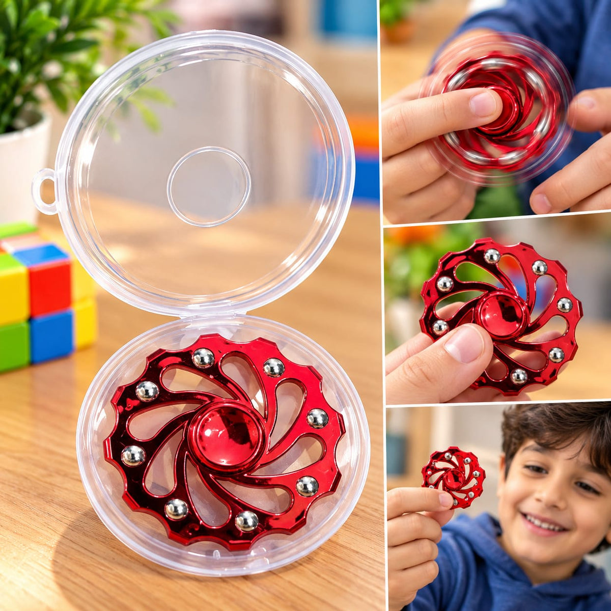 Red Metal Fidget Spinner – Fun Spinning Toy for Kids & Adults Enjoy endless spinning fun with this stylish Red Metal Fidget Spinner! Featuring a shiny metallic red finish, unique spiral