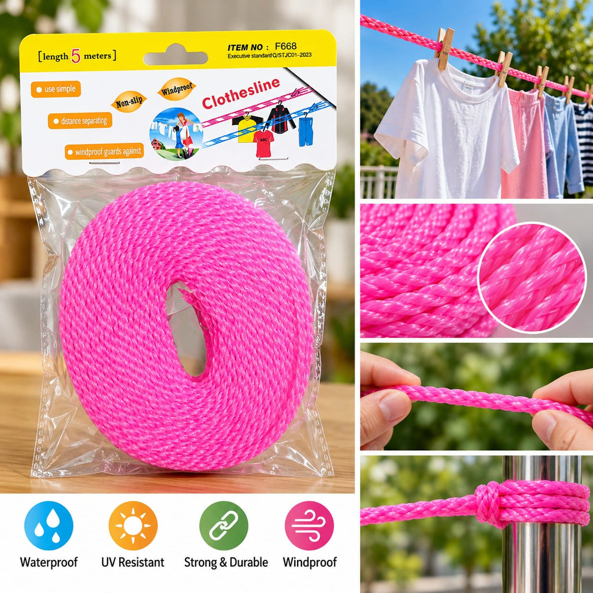 5 Meter Non-Slip Windproof Clothesline Rope – Pink