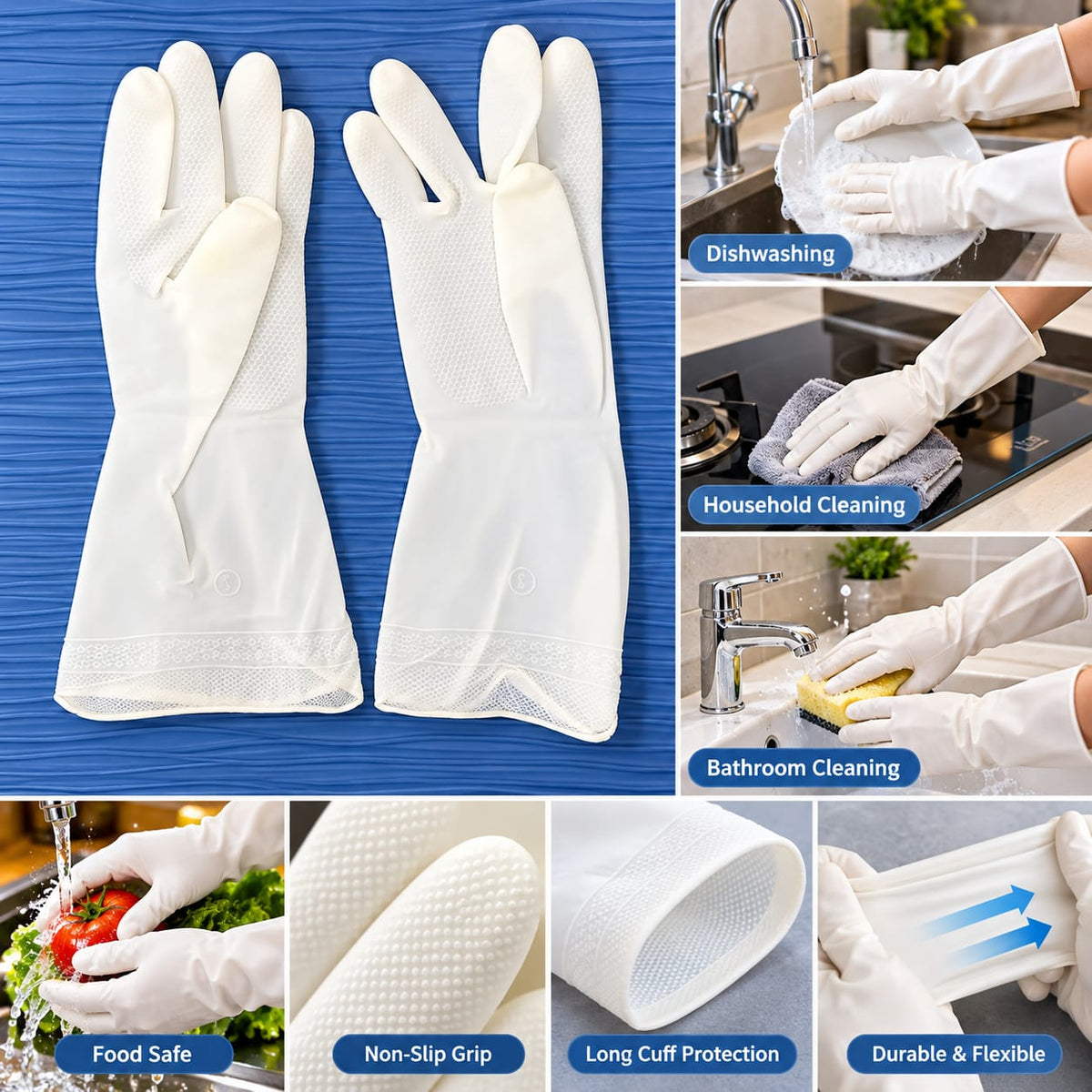 Premium White Rubber Cleaning Gloves – Long Cuff Reusable Household Gloves