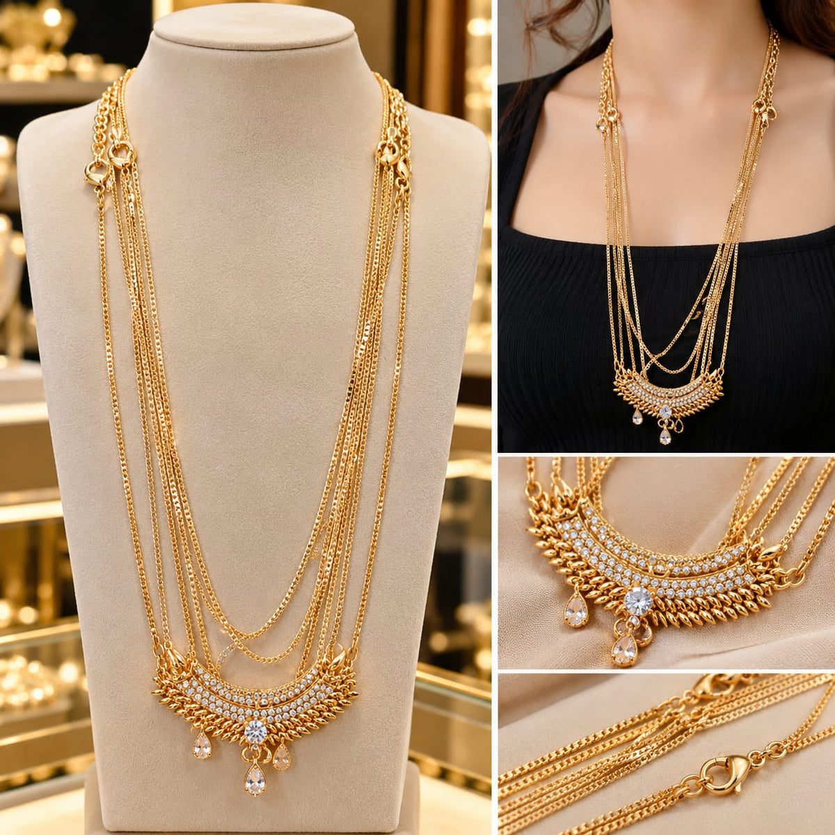 Elegant Golden Multi-Layer Chain Necklace Set ✨ Apni khoobsurti aur style ko dein ek royal touch hamari beautiful Golden Chain Necklace ke saath! 💖 Yeh stylish necklace apne multi-layer chain design,