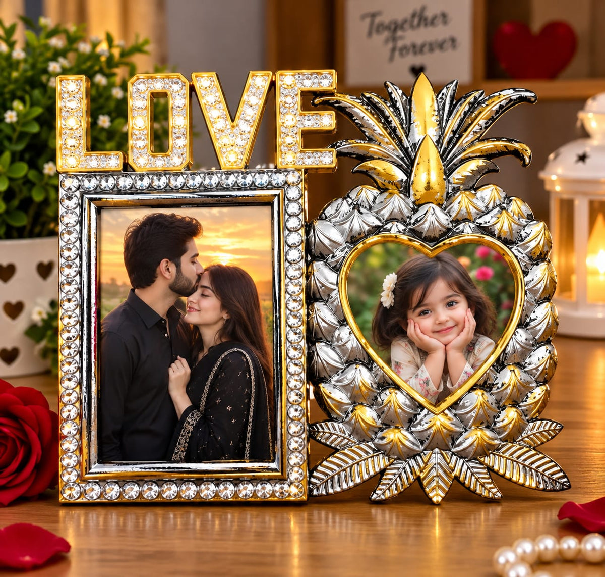 ✨ Luxury LOVE Photo Frame Set – Full HD Design ✨  Beautiful silver and golden pineapple heart frame with a stylish LOVE photo frame. .  🌟  ! ❤️