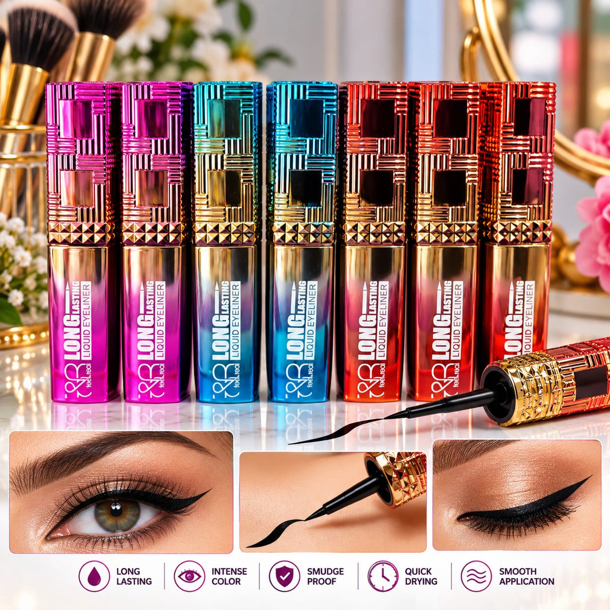 Long Lasting Liquid Eyeliner – Perfect Eye Makeup! ✨ Give your eyes a bold, beautiful and glamorous look with this stylish liquid eyeliner. Featuring a fine precision brush for creating sharp winged eyeliner,