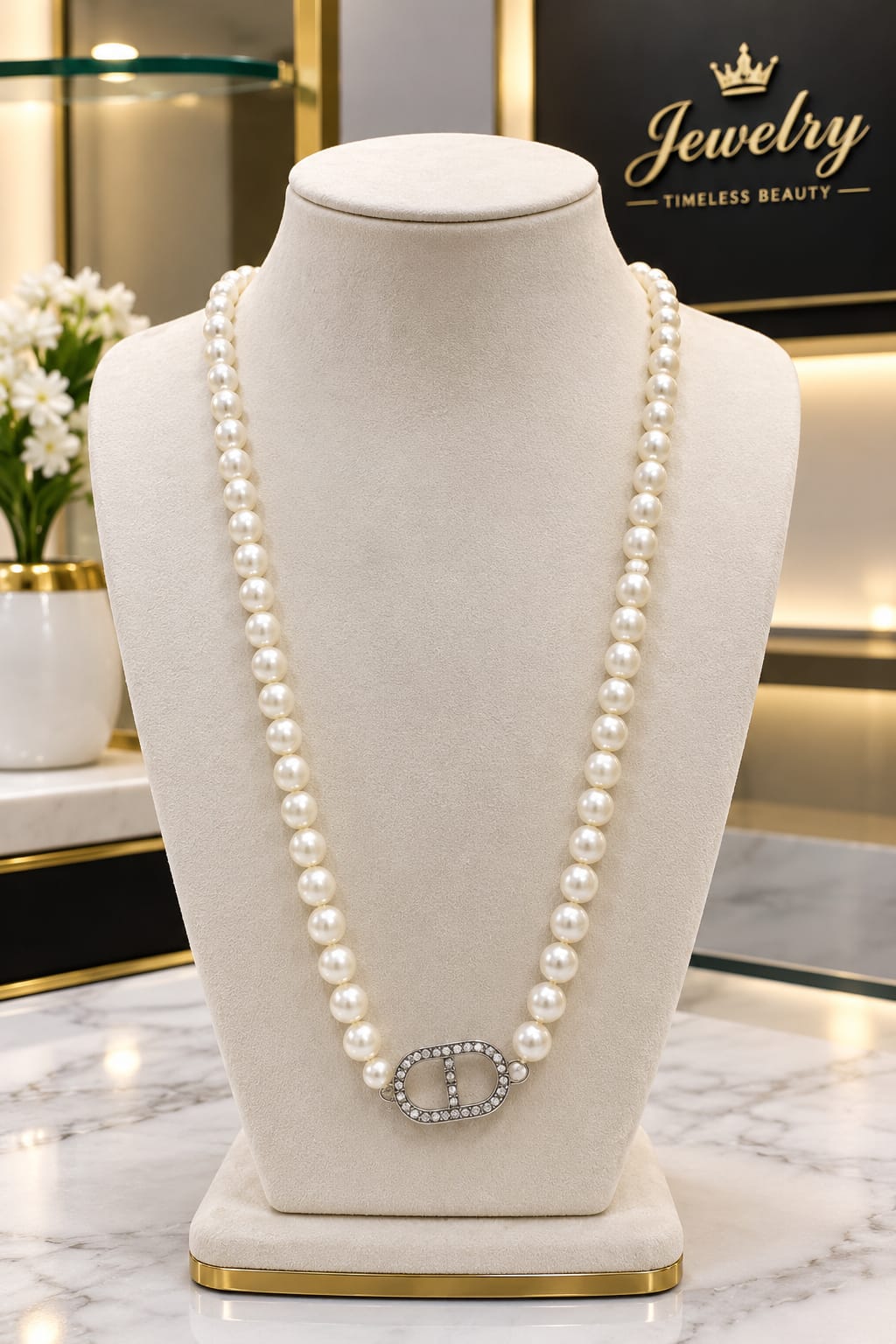 Elegant Pearl Necklace – Premium Jewelry Collection ✨ Beautiful white pearl necklace with a stylish crystal-studded silver pendant. Its elegant design