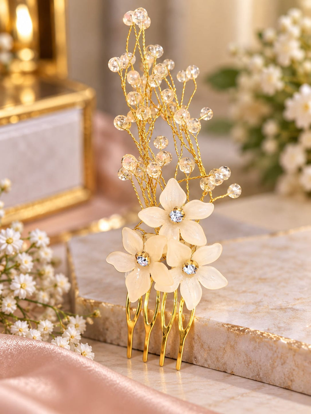 Elegant Golden Floral Hair Comb – Pearl Flower Bridal Hair Accessory