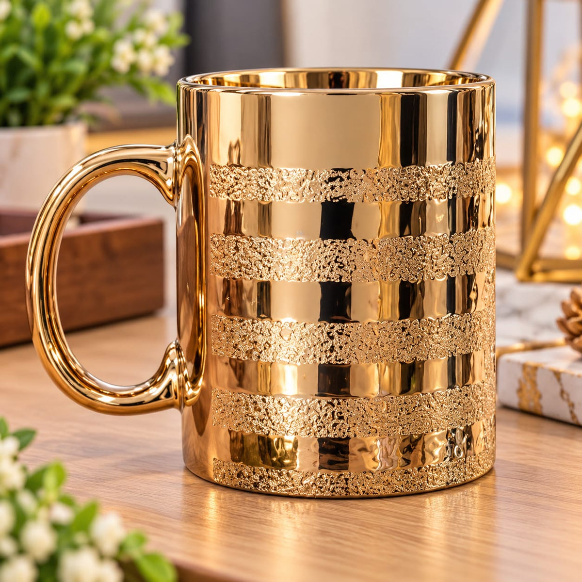 Luxury Golden Ceramic Mug – Elegant Coffee & Tea Cup Add a touch of luxury and elegance to your daily routine with this beautiful Golden Ceramic Mug. Featuring a stunning metallic