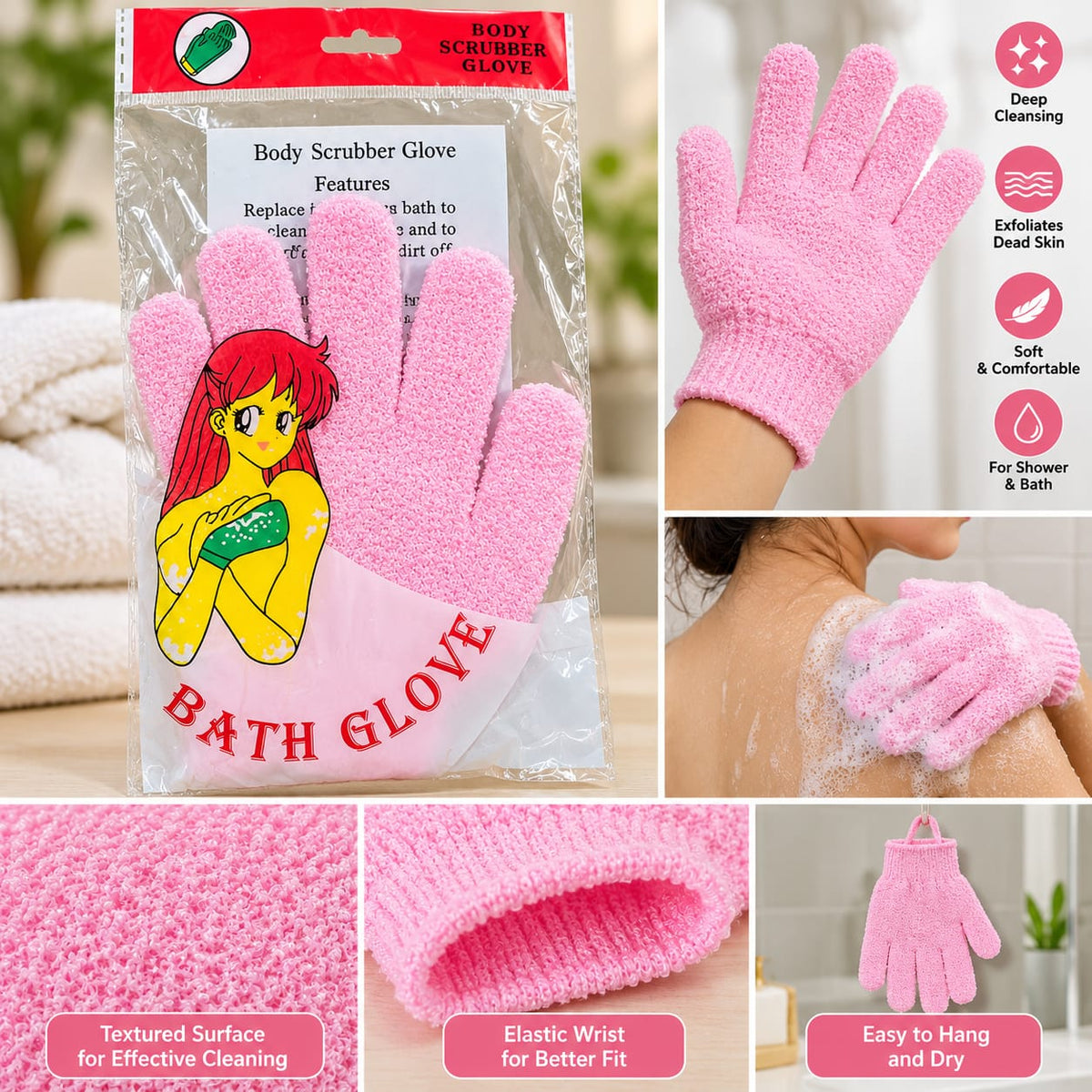 Pink Exfoliating Body Scrubber Glove – Soft Bath & Shower Cleaning Glove
