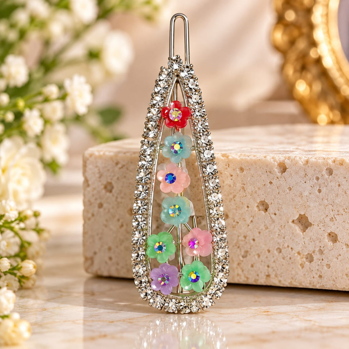 Elegant Floral Rhinestone Hair Clip – Multicolor Crystal Hair Accessory for Women & Girls