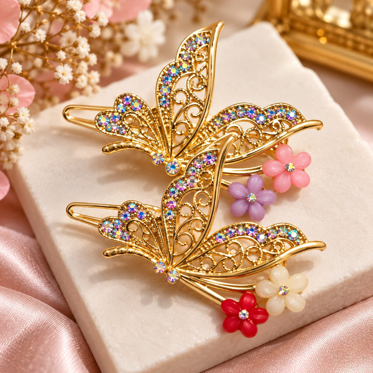 Elegant Golden Butterfly Hair Clips – Floral Crystal Hair Accessories