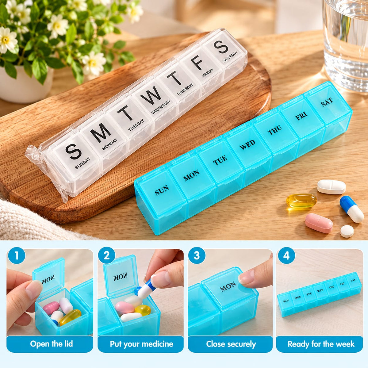 7 Days Weekly Pill Organizer – Medicine Storage Box Keep your daily medicines, vitamins, and supplements neatly organized with this convenient 7-Day Weekly Pill Organizer.