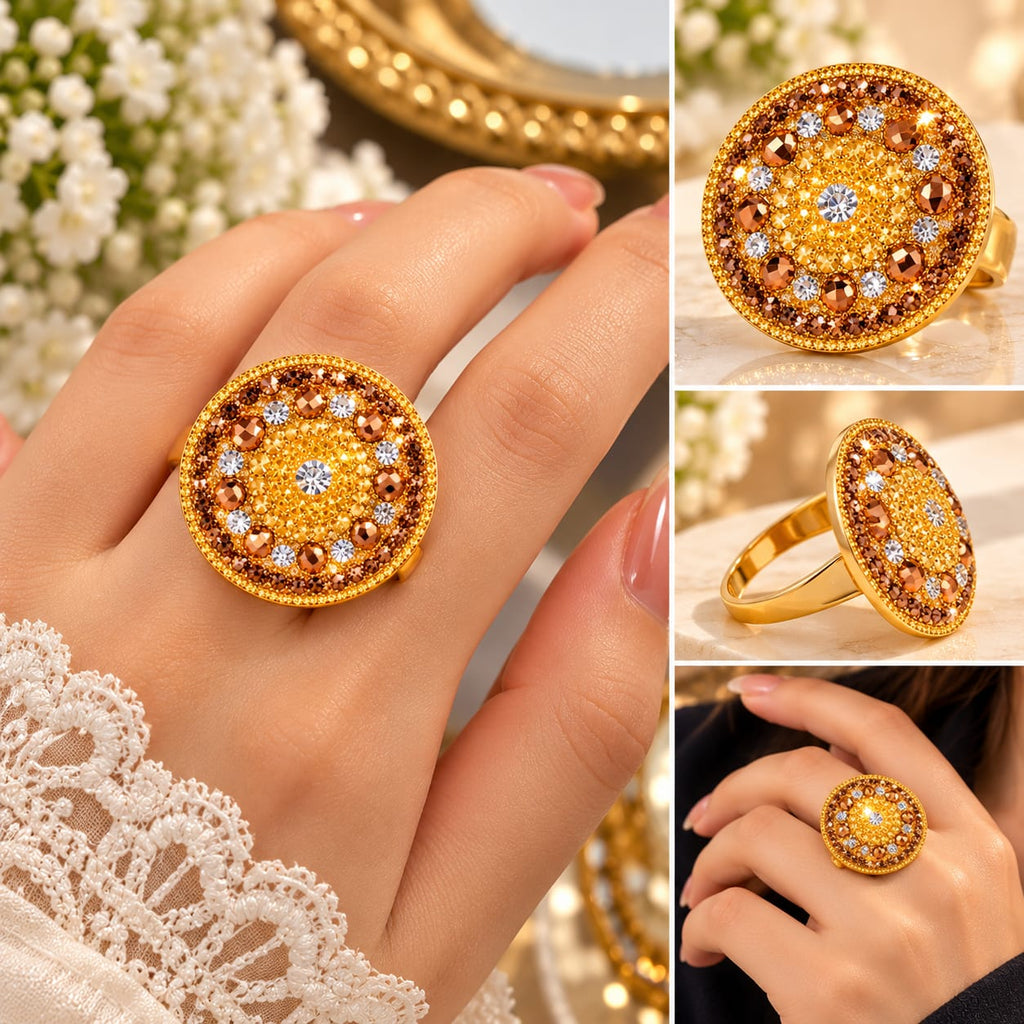 Elegant Crystal Statement Ring – Silver & Golden Add a touch of glamour and sparkle to your jewelry collection with this beautiful Round Crystal Statement Ring. Featuring a stunning circular design decorated with shimmering crystals,