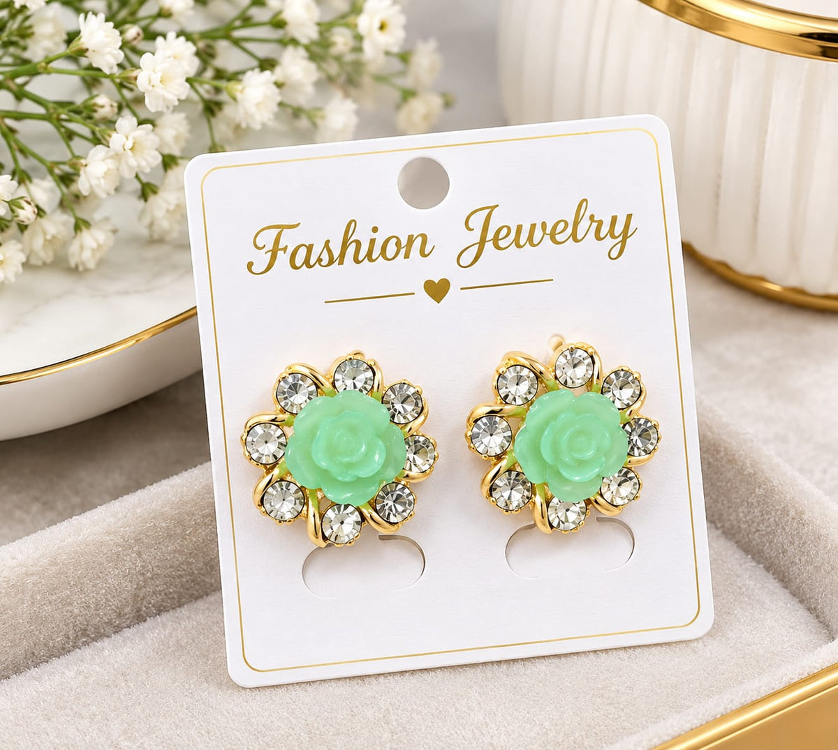 Elegant Mint Green Rose Earrings for Women ✨ Add a touch of elegance to your style with these beautiful mint green rose earrings. 🌹 Featuring delicate rose-shaped centers, sparkling crystal stones, .