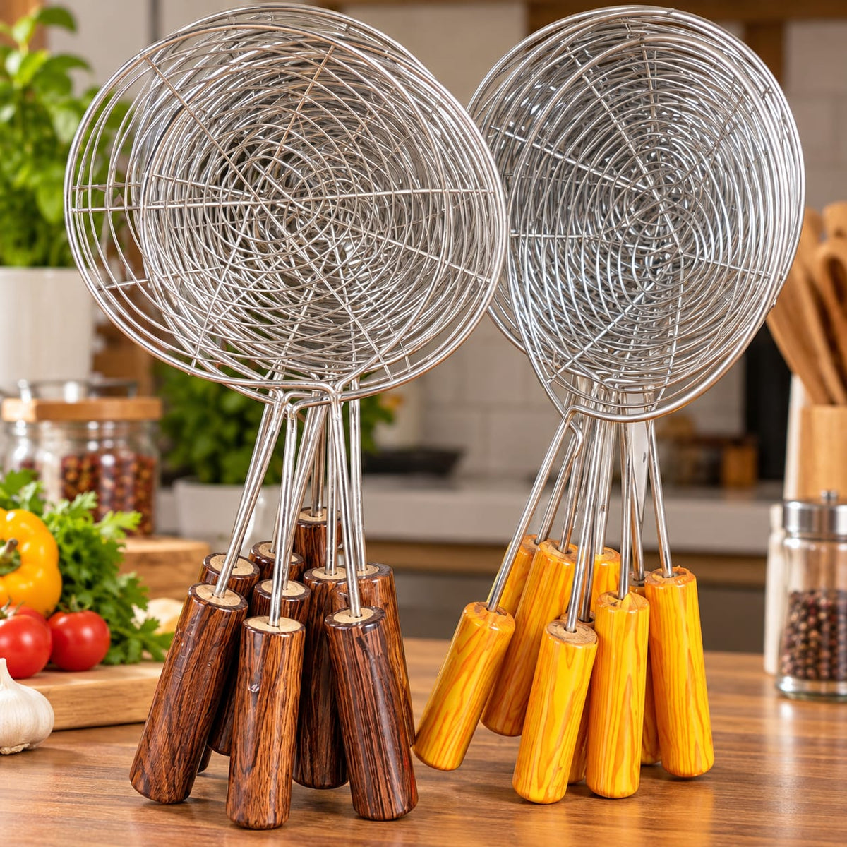 Stainless Steel Wire Skimmer with Wooden Handle – Kitchen Frying Strainer