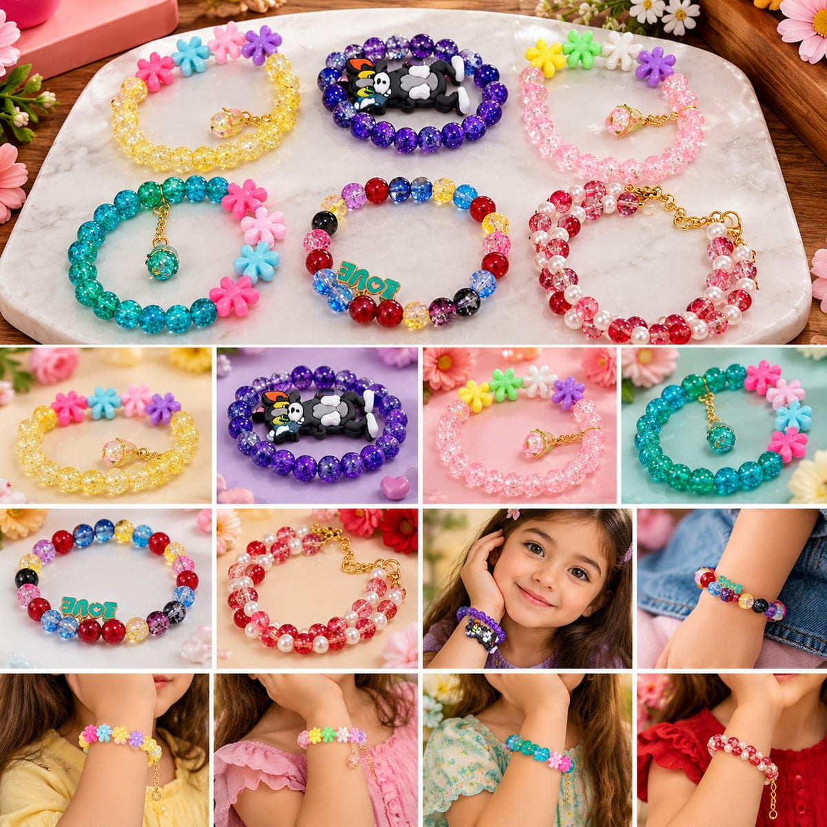 Colorful Kids Beaded Bracelets – Cute Flower & Charm Jewelry Add a touch of sparkle, color, and happiness to your little one's everyday style with these adorable Kids Beaded Bracelets